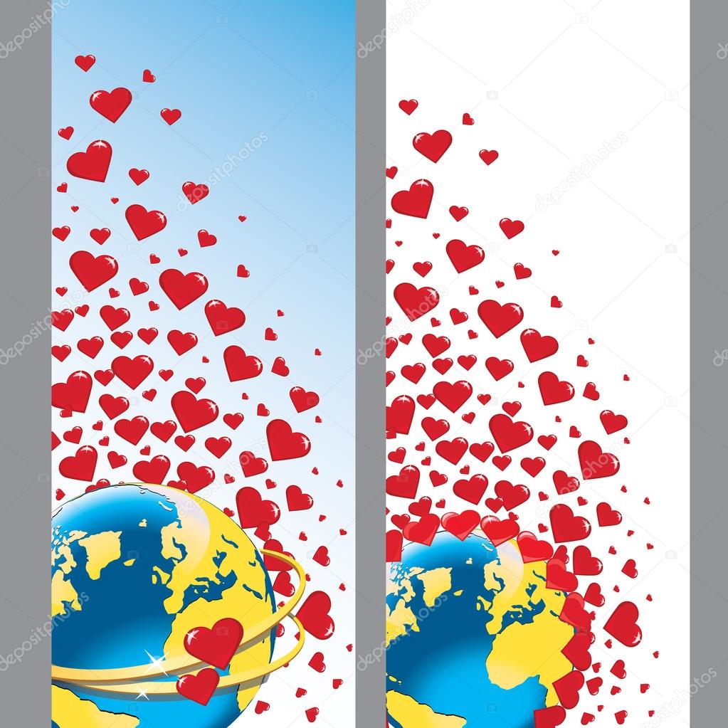 Planet earth with wedding rings and hearts.Vector