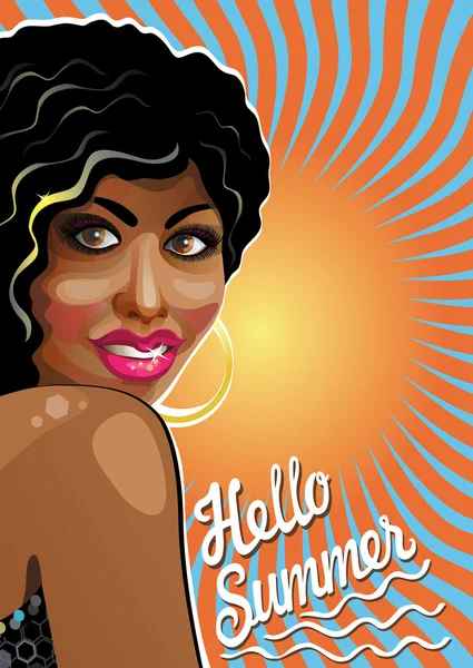 Portret uśmiechający się mulattos female.hello lato! ilustracja — Wektor stockowy