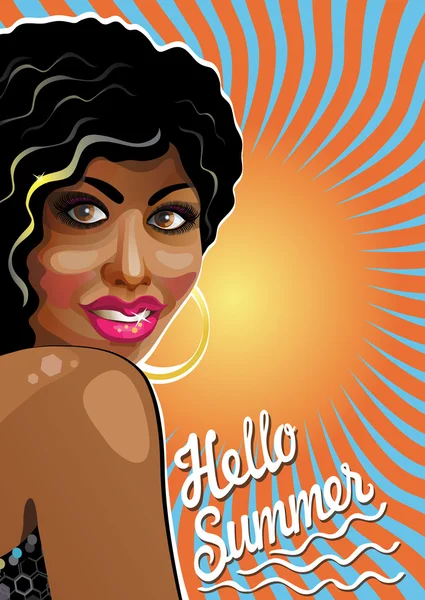 Retrato de mulatos sonrientes female.Hello verano! Ilustración — Vector de stock