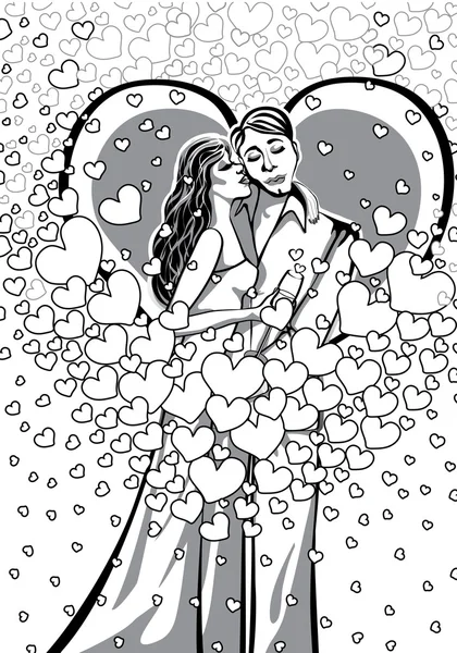 Embrasser les amoureux homme et femme.Noir et blanc.Illustration.eps — Image vectorielle