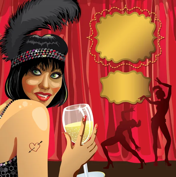 Funny girl with glass of champagne.Cabaret dancers — Stock Vector