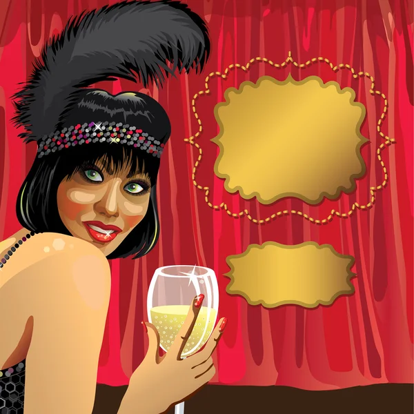 Funny girl with glass of champagne.Red curtain.Cabaret.Retro — Stock Vector