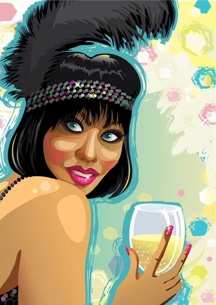 Portrait of funny girl with glass of champagne.Illustration — Stock Vector