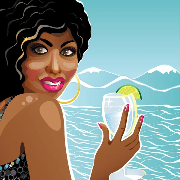 Smiling girl mulatto holding glass of clean water.Illustration — Stock Vector