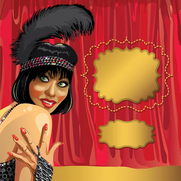 Menina sorridente com cabelo curto.A cortina.Cabaret.Retro — Vetor de Stock