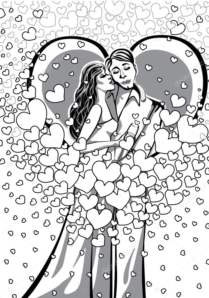 Kissing Lovers man and woman.Black and white.Illustration.eps