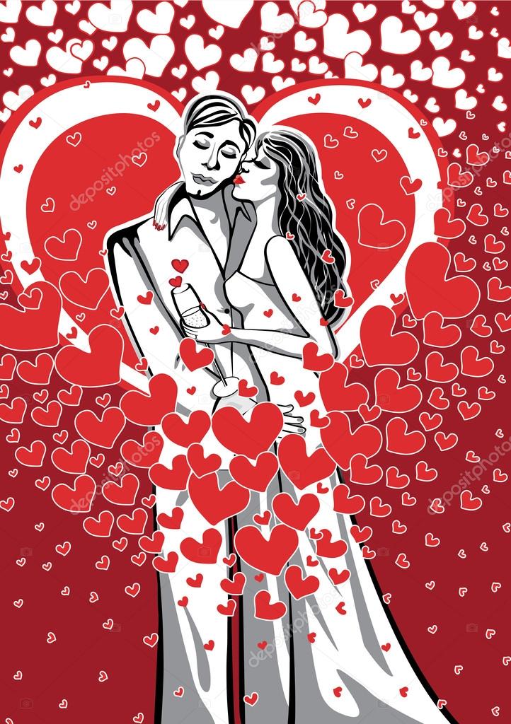 KissingLovers man and woman.Black,red,white.Illustration