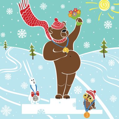 pedestal.wnners ödüllendirme üzerinde kahverengi ayı şampiyonu. Kış sporları