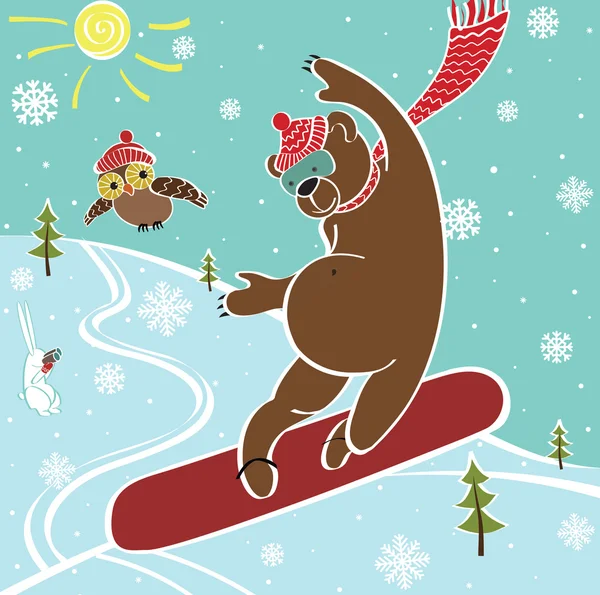 Brown bear jumps on snowboard.Humorous illustration — Stock Vector