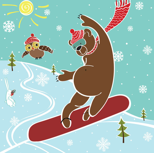 Бурый медведь прыгает на сноуборде.
