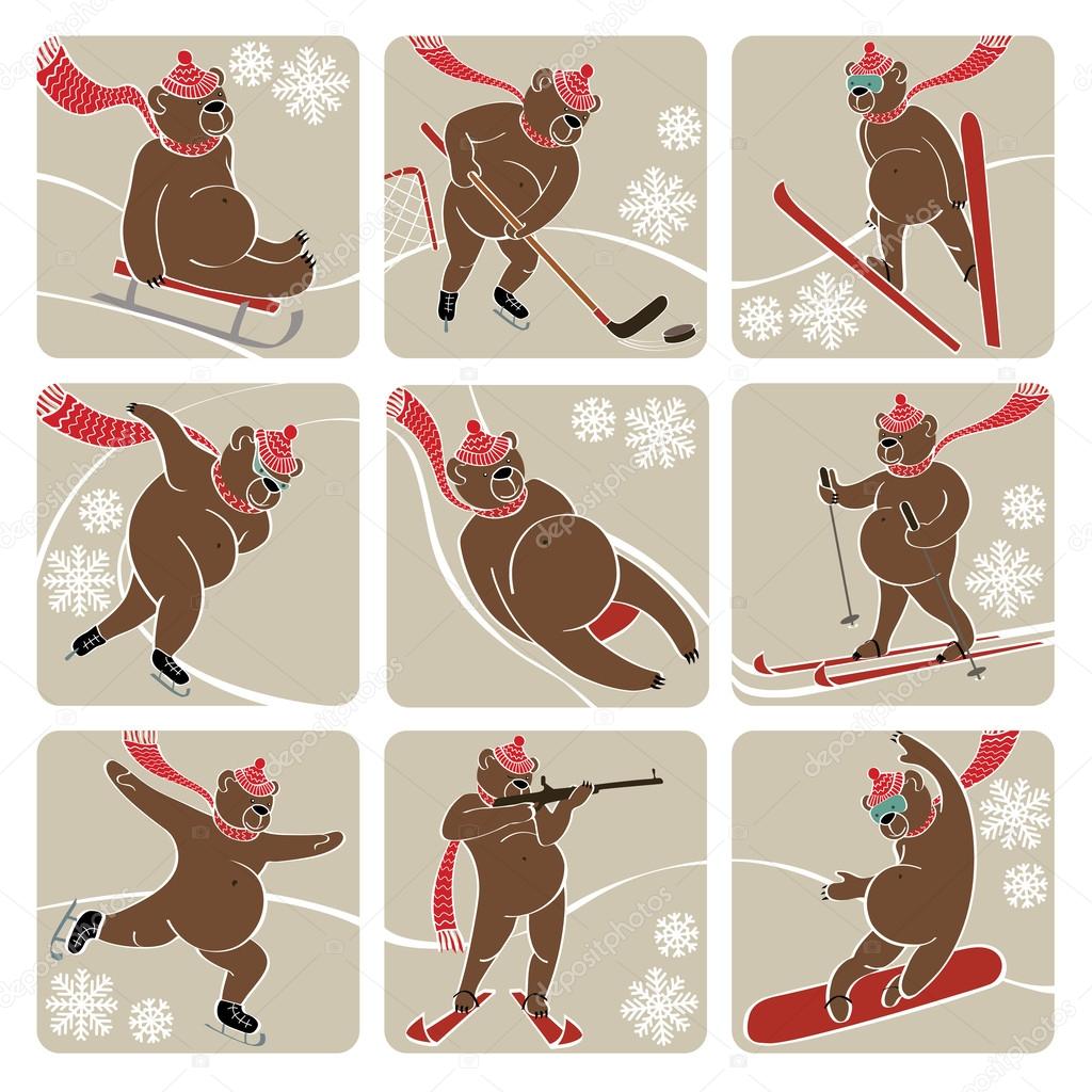 Set of Brown bear in winter sport.Humorous illustration