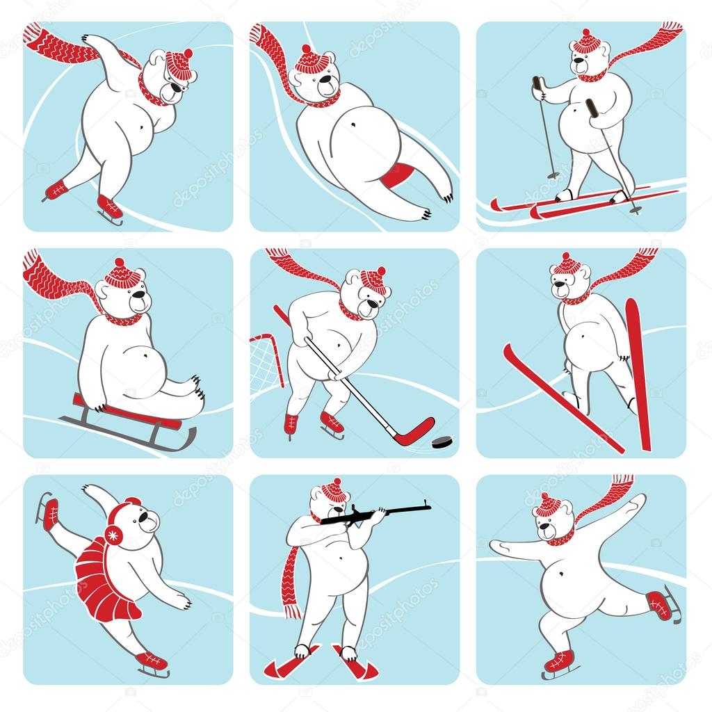 Set of white bear plays winter sport. Humorous illustration.