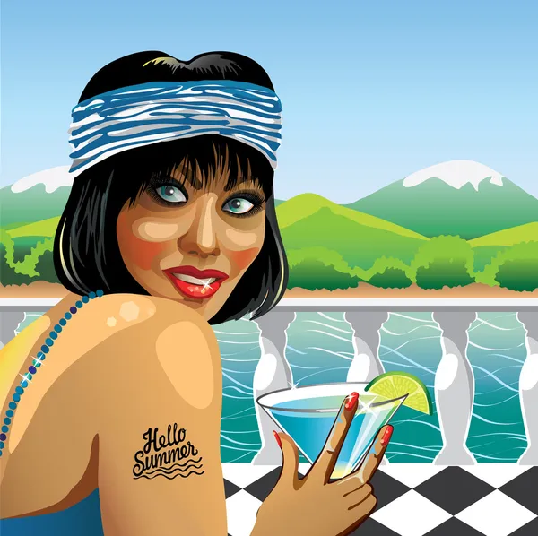 Fanny meisje met cocktail in de natuur. illustratie — Stockvector