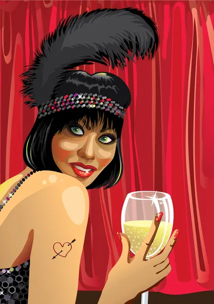 Chica divertida con vaso de champagne.Red cortain.Cabaret.Illustrat — Vector de stock