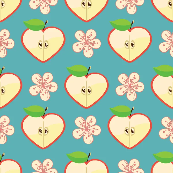 Mitades de manzana en forma de corazón y flores en el fondo azul — Vector de stock