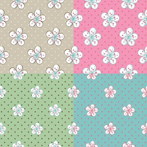 Bloemen apple of kersen, polka dot.set van naadloze patroon — Stockvector