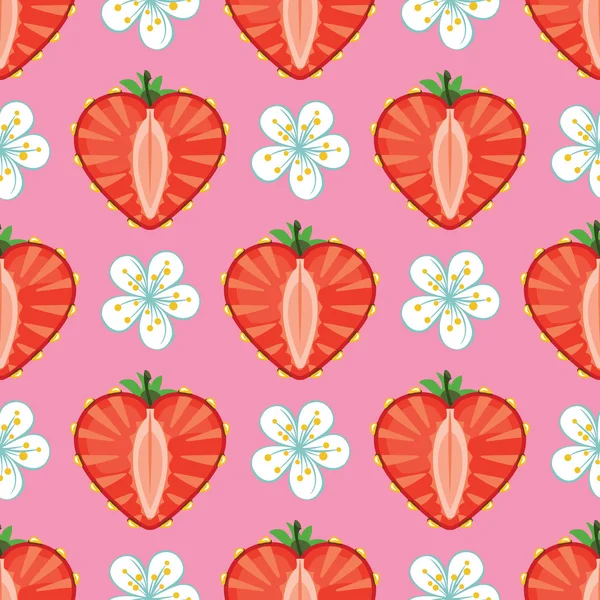 イチゴ果実とのシームレスなパターンの花の心 — ストックベクタ