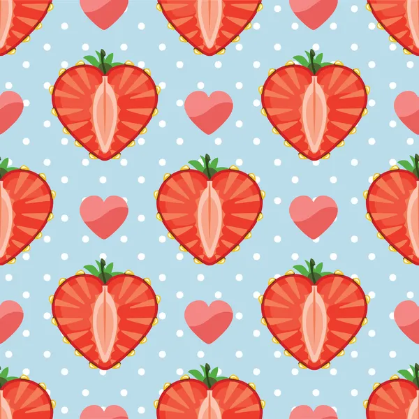 Heart of strawberry berries and hearts in seamless pattern — Stock Vector