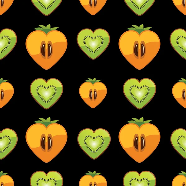 Seamless pattern of kiwi, persimmon in Heart on black background — Stock Vector