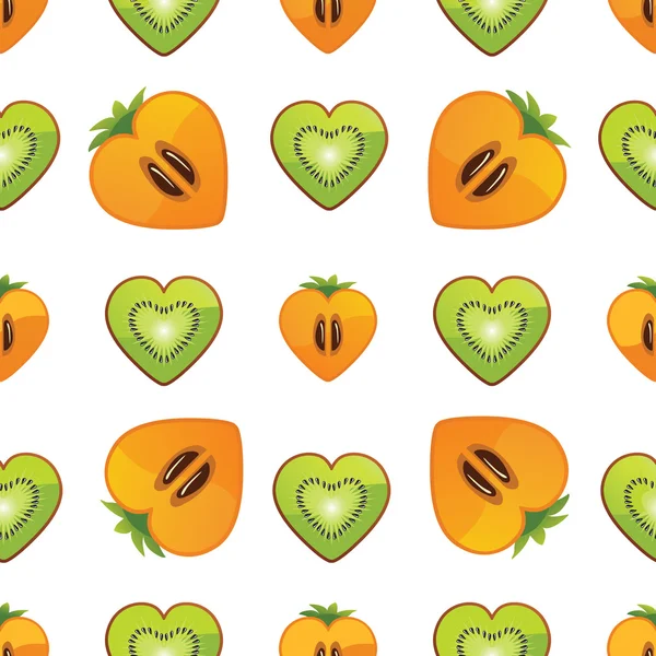 Seamless pattern of kiwi, persimmon in Heart — Stock Vector