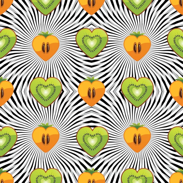 Modèle sans couture de kiwi, persimmon en coeur avec spirale graphique — Image vectorielle