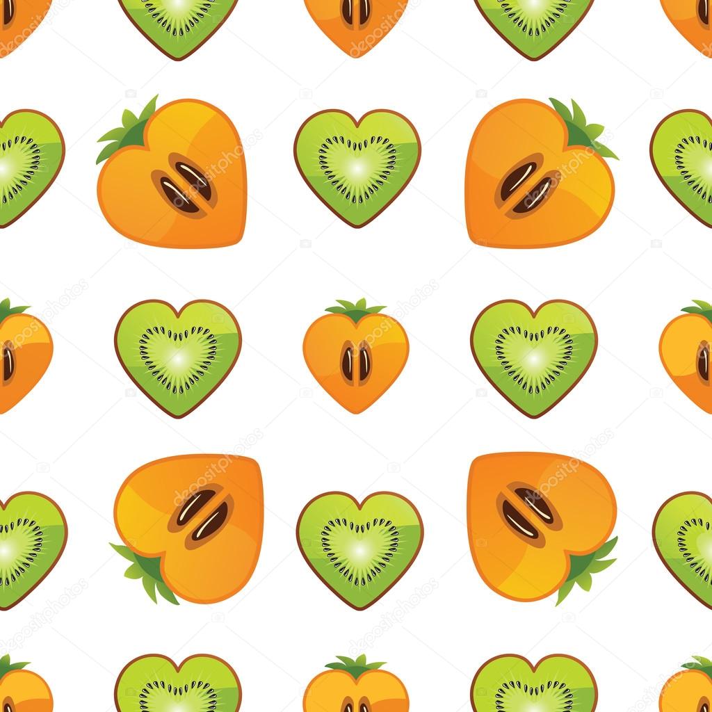 Seamless pattern of kiwi, persimmon in Heart