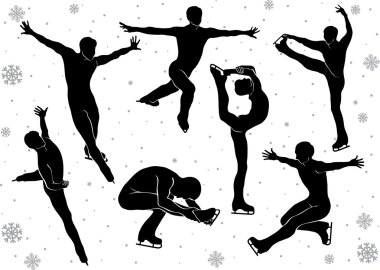 Artistik Patinaj vector silhouettes buz üzerinde hareket erkekler