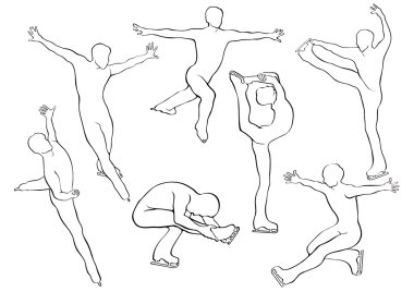 Artistik Patinaj vector silhouettes buz üzerinde hareket erkekler