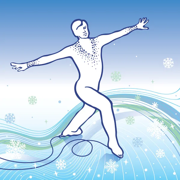 Άνθρωπος σχήμα skates.gradient φόντο με νιφάδες χιονιού και γραμμές — Διανυσματικό Αρχείο