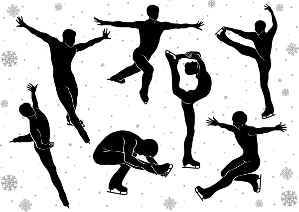 Hommes en silhouettes vectorielles de patinage artistique en mouvement sur glace — Image vectorielle