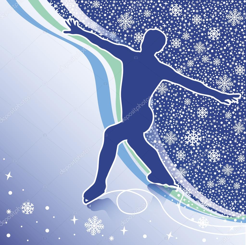 Man figure skates.Design template with snowflakes and lines bac