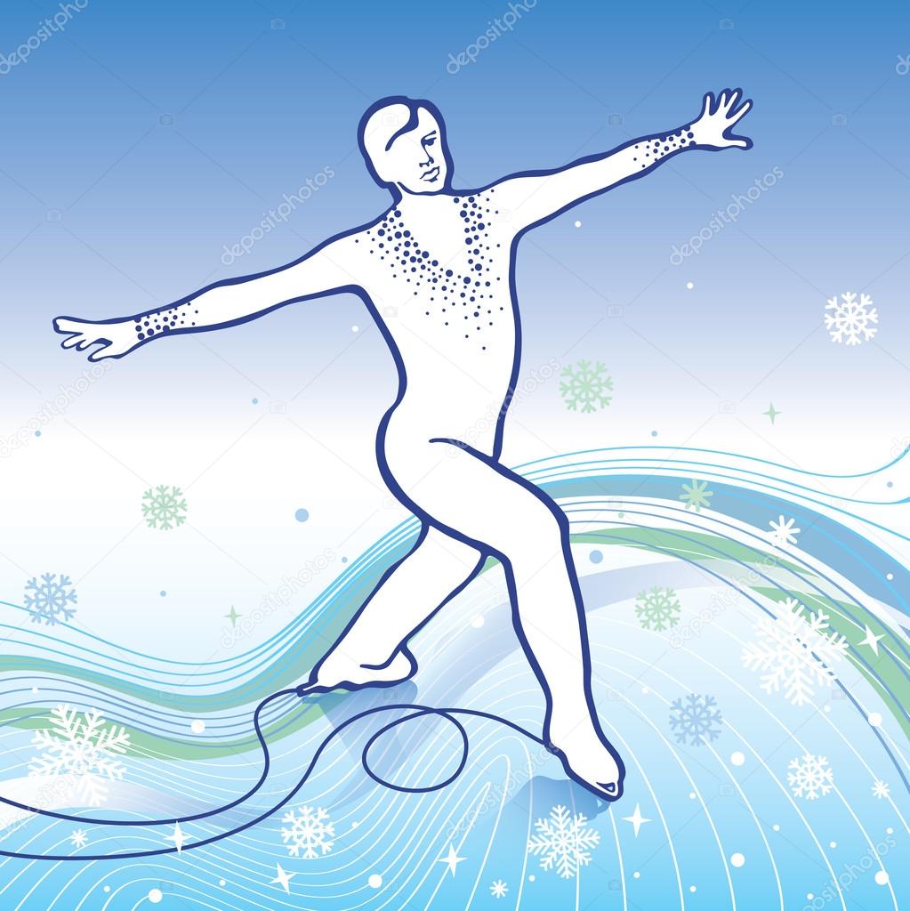 Man figure skates.Gradient background with snowflakes and lines