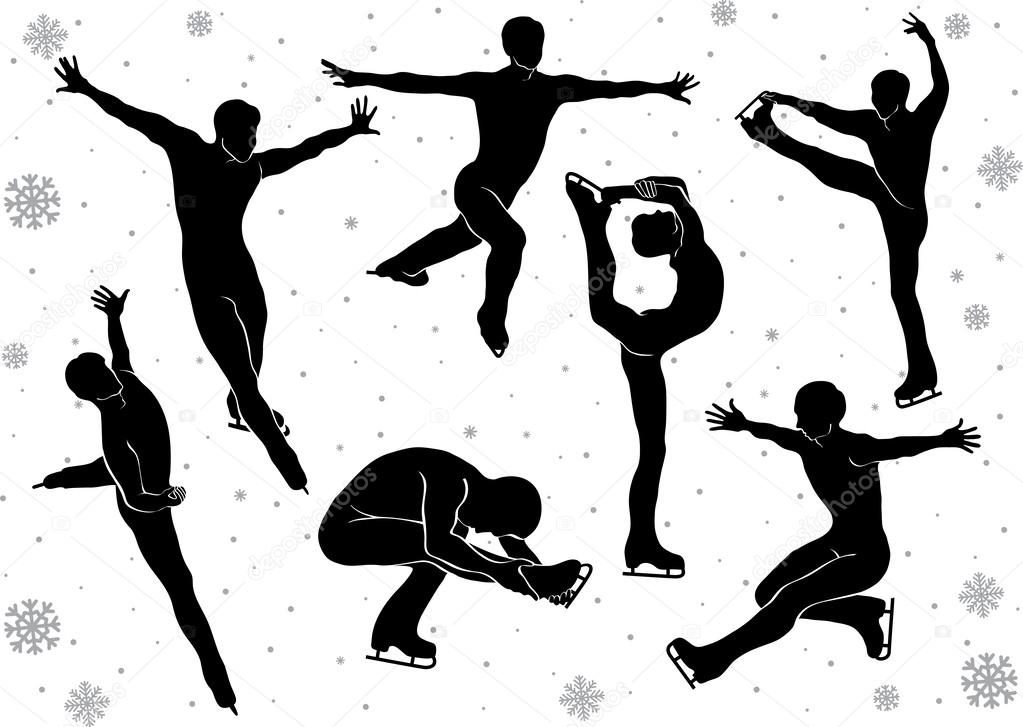 Men in figure skating vector silhouettes in motion on ice