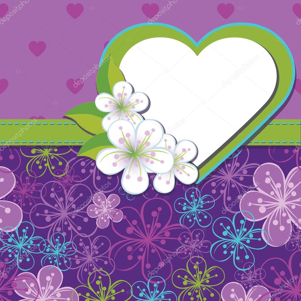 Spring Design template.Cherry flowers background and heart