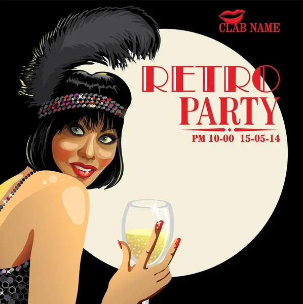 Ragazza sorridente con champagne.Retro party.Design Template — Vettoriale Stock