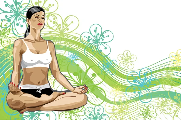 Woman  practicing yoga in lotus pose.Spring background — Stock Vector