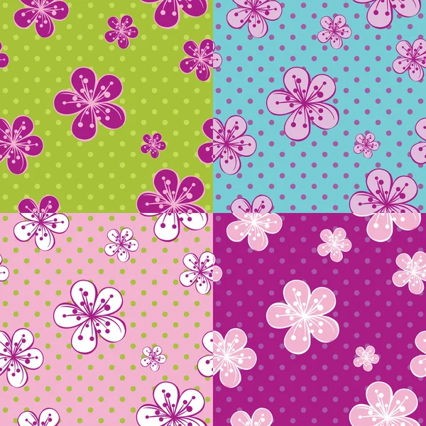 Polka dot Cherry Flowers background.Spring бесшовный шаблон — стоковый вектор