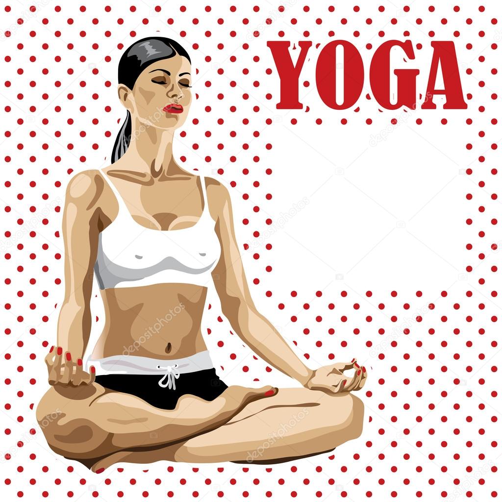 Woman practicing yoga in lotus pose.Polka dot background