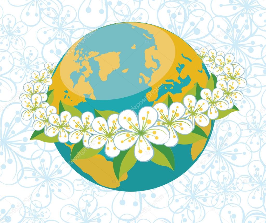 Planet earth with orbit of flovers.Spring background