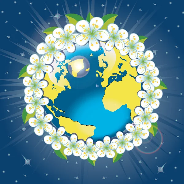 Dünya gezegeni uzaydan gelen bahar flowers.view orbit ile — Stok Vektör