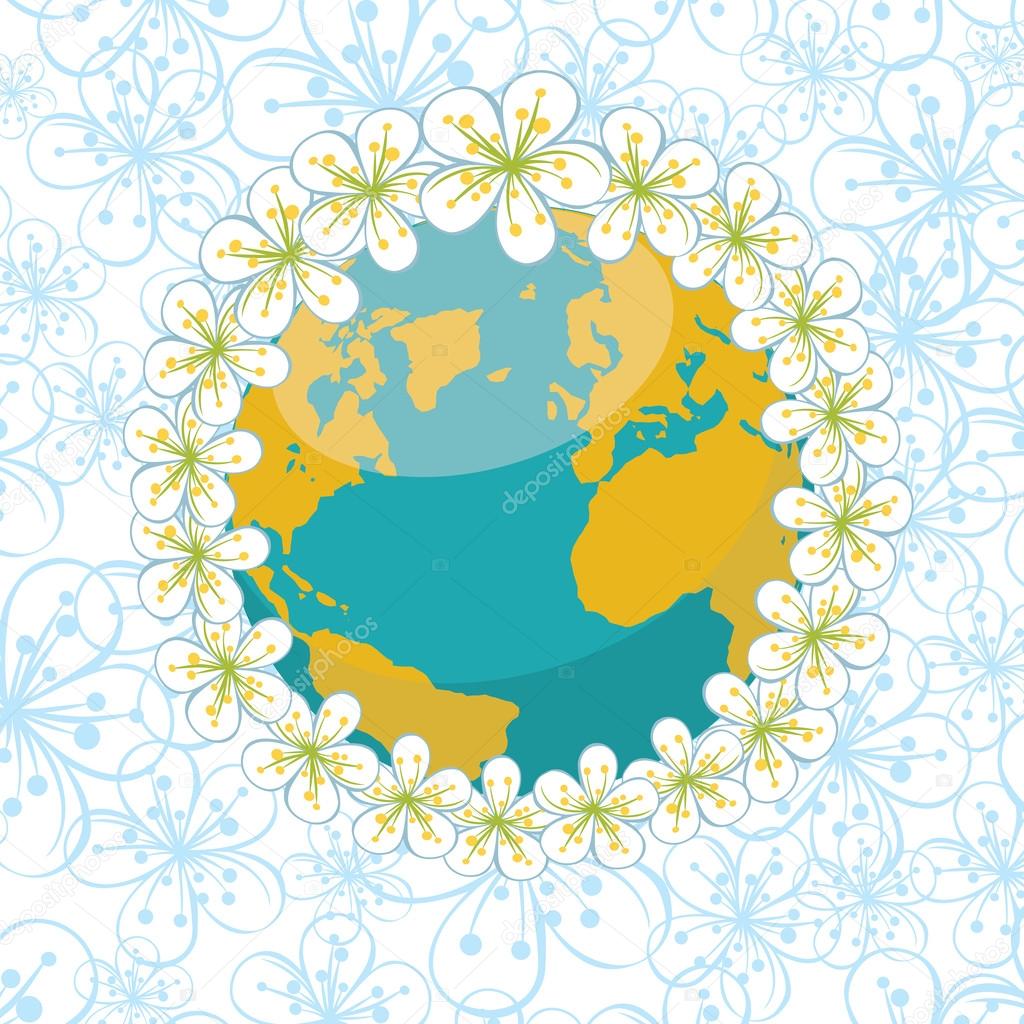 Planet earth with wreath of spring flowers on flowers background