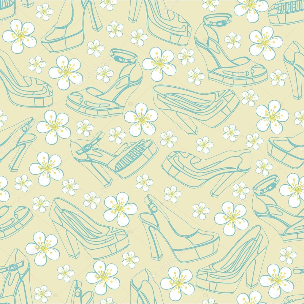 Fashion women's shoes and flowers in seamless pattern