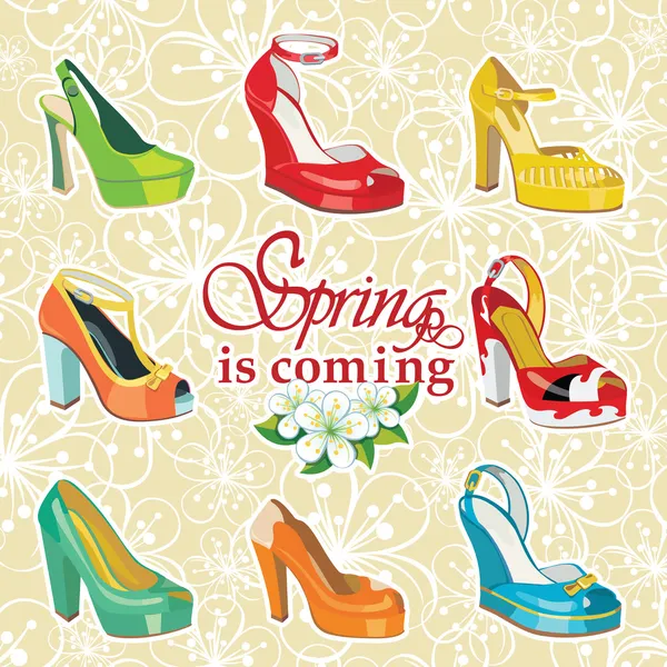 Calcanhar alto calcanhar sapatos coloridos das mulheres na primavera flores fundo — Vetor de Stock