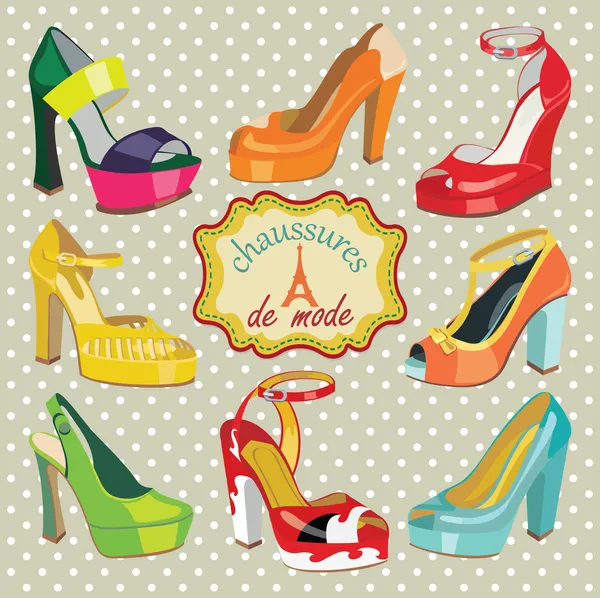 Chaussure à talons hauts pour femme de mode colorée.Étiquette en français — Image vectorielle