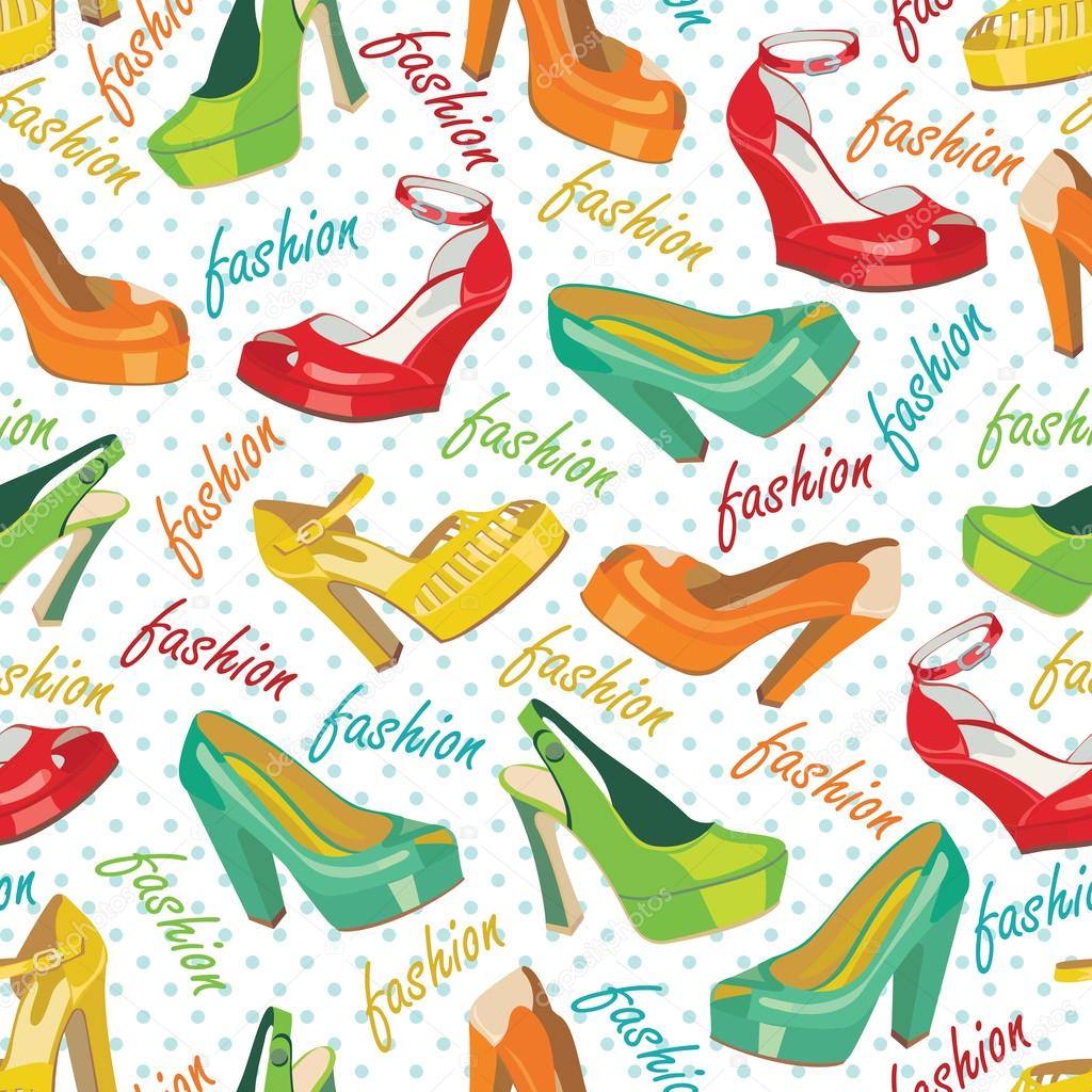 Colorful fashion women's shoes and polka dot.Seamless pattern
