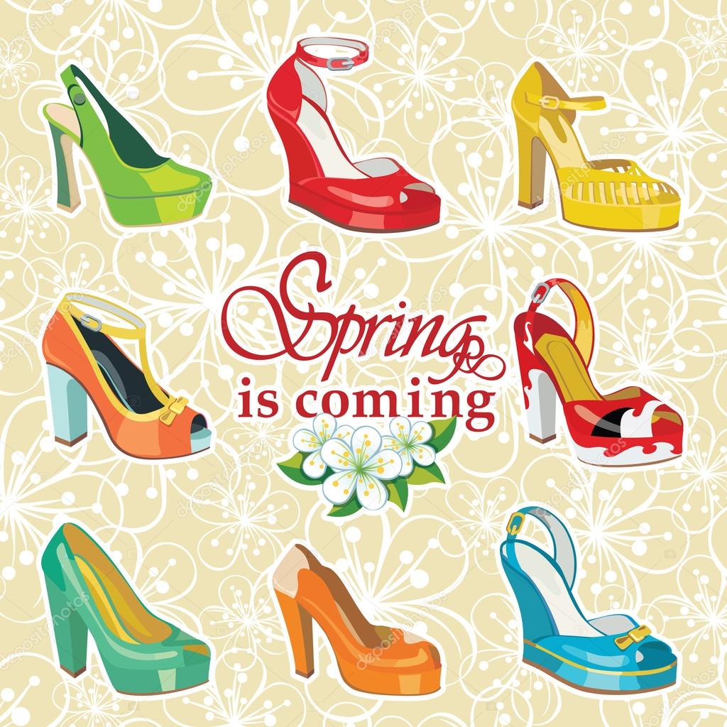 Colorful fashion women's High heel shoes on spring flowers background