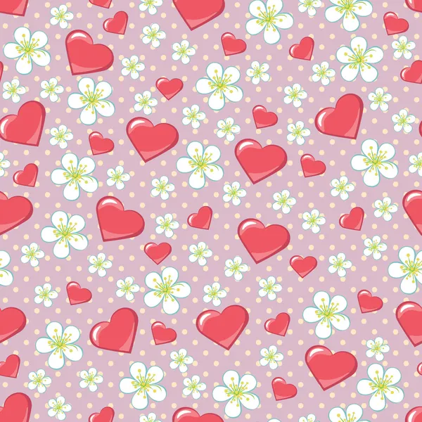 Flores de cereja polka dot e corações em padrão seamline — Vetor de Stock