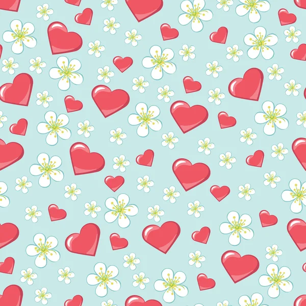Cherry flowers and hearts in seamline pattern or background — Stock Vector