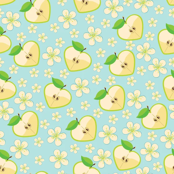 Hart van appels en apple bloemen in naadloze patroon — Stockvector