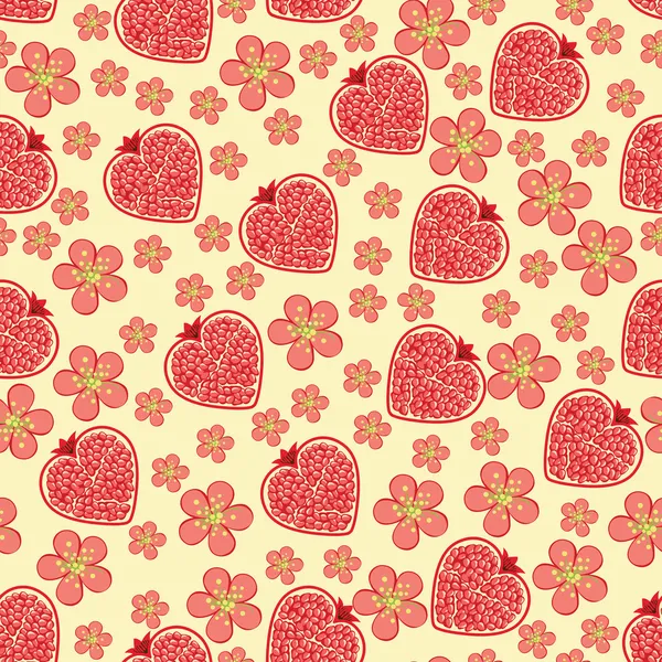 Heart of pomegranate fruit and flowers.Seamless pattern — Stock Vector